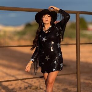 RRD Sequin Star Black Mini Dress with Fringe Sleeves